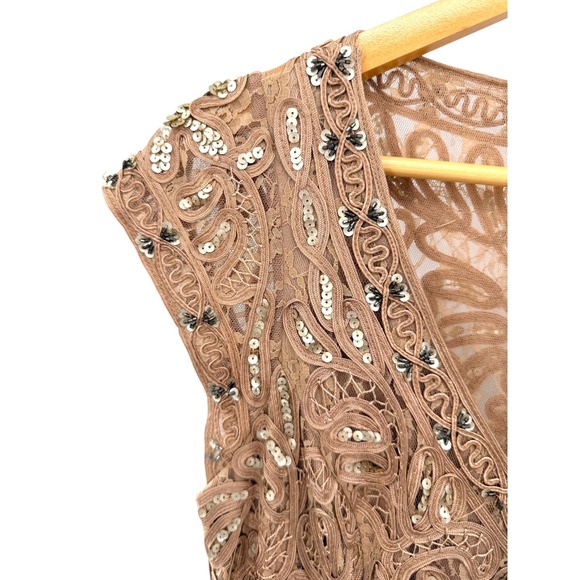 Sue Wong Nocturne Tan Soutache Sequin Floral V-Neck Cocktail Dress Size 12 - Picture 4 of 10